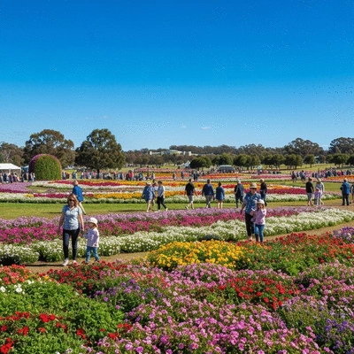 Colorful Floriade festival in Canberra with blooming flowers and people enjoying