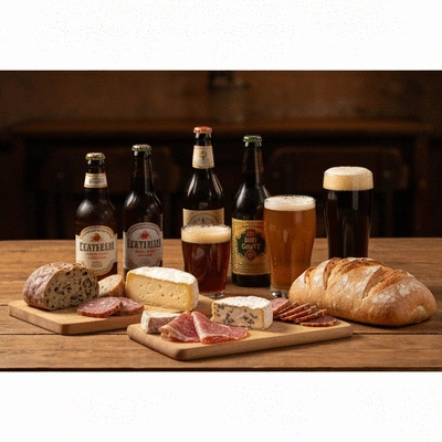 Assortment of artisan foods and craft beers on a wooden table, suggesting food pairing