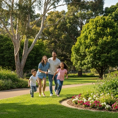 Happy family with two children enjoying an outdoor activity in a beautiful Canberra park, bright and sunny day