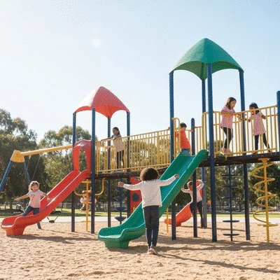Kids having fun on a playground in a Canberra park, bright sunny day