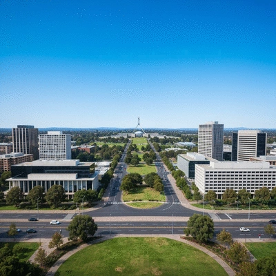 Modern Canberra cityscape with Parliament House in the background, blue sky, no text, no words, no typography, clean image