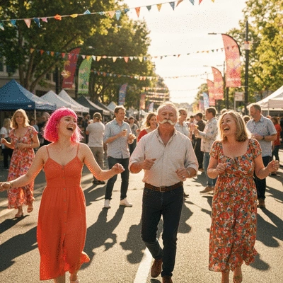 Diverse group of people enjoying a public holiday festival in Canberra, vibrant and joyful atmosphere