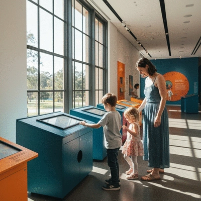 Family with young children exploring a museum exhibit with interactive elements in Canberra, Australia