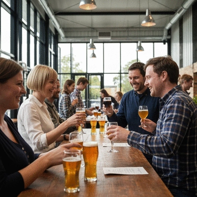 People enjoying a craft beer tasting at a modern brewery in Canberra