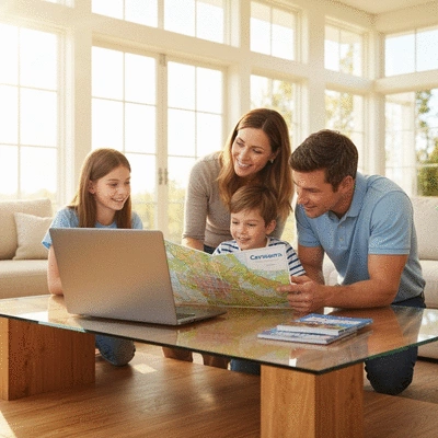 Family looking at a map and planning their trip to Canberra, with a tablet and travel guides on a table, no text, no words, no typography, clean image