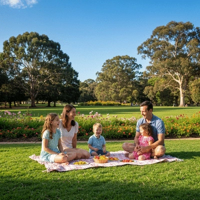 Family having a picnic in a park in Canberra, enjoying outdoor activities during a public holiday